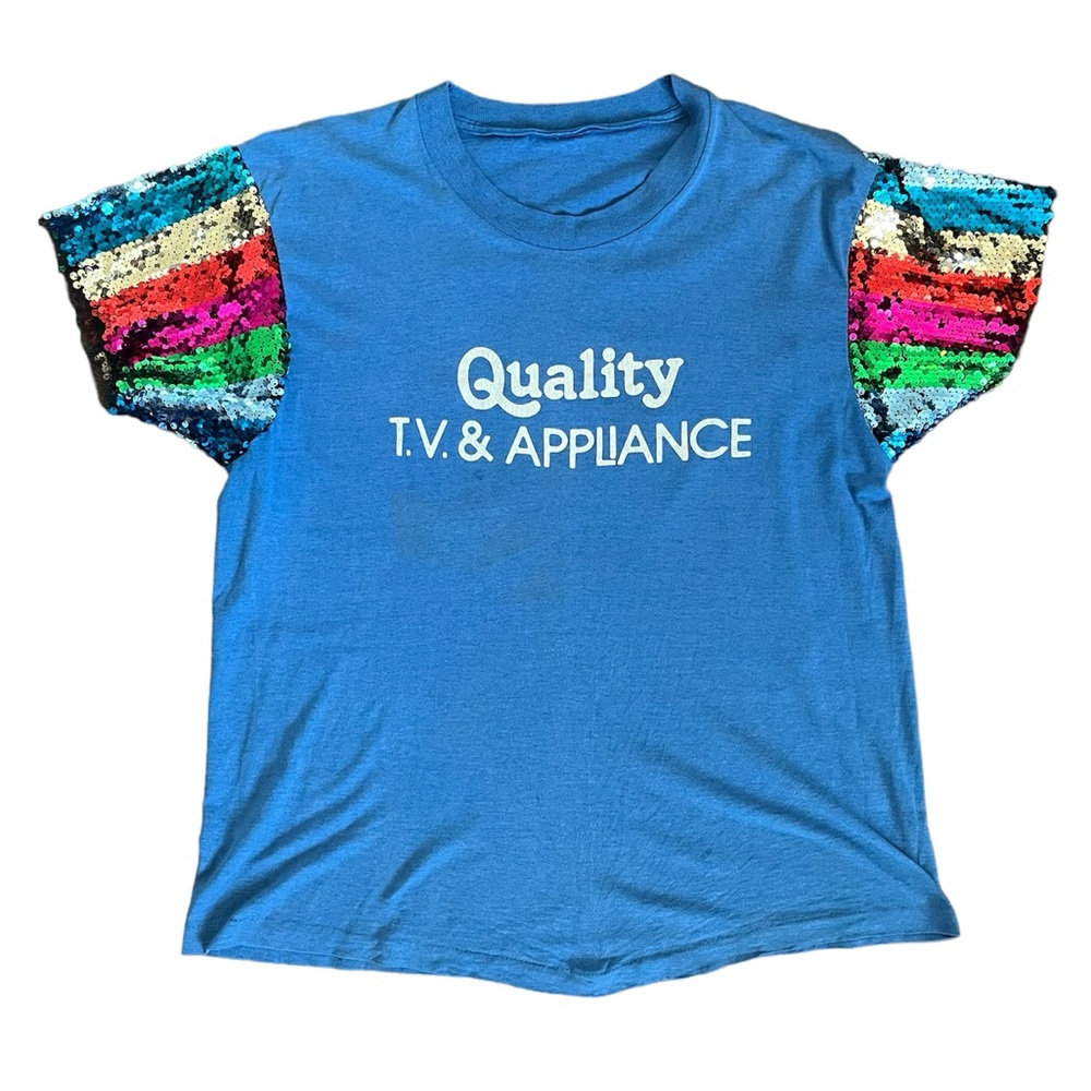 Fringe + Co upcycled rainbow sequin sleeve 80s VTG “Quality TV & Appliance” tee